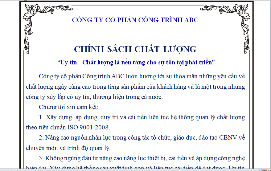 Biểu mẫu Chính sách chất lượng